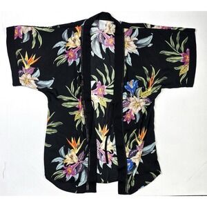 Kona Sol Open Front Kimono Women's S/M Black Floral Cover Up Beach Swimming